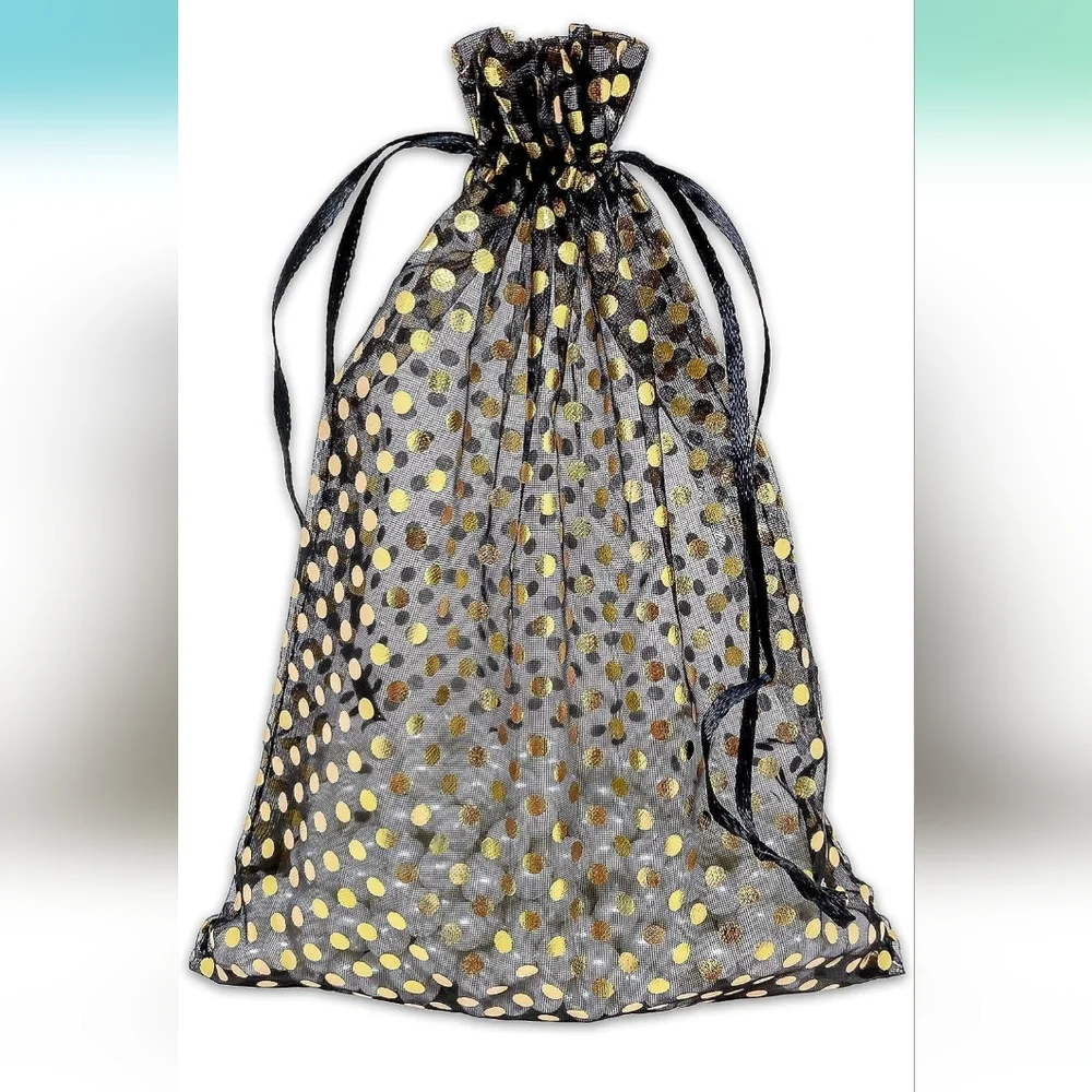 ✅️15 ct  6x8 Sheer Organza Gift Bags with Drawstring  - Polka Dot - Black/Gold